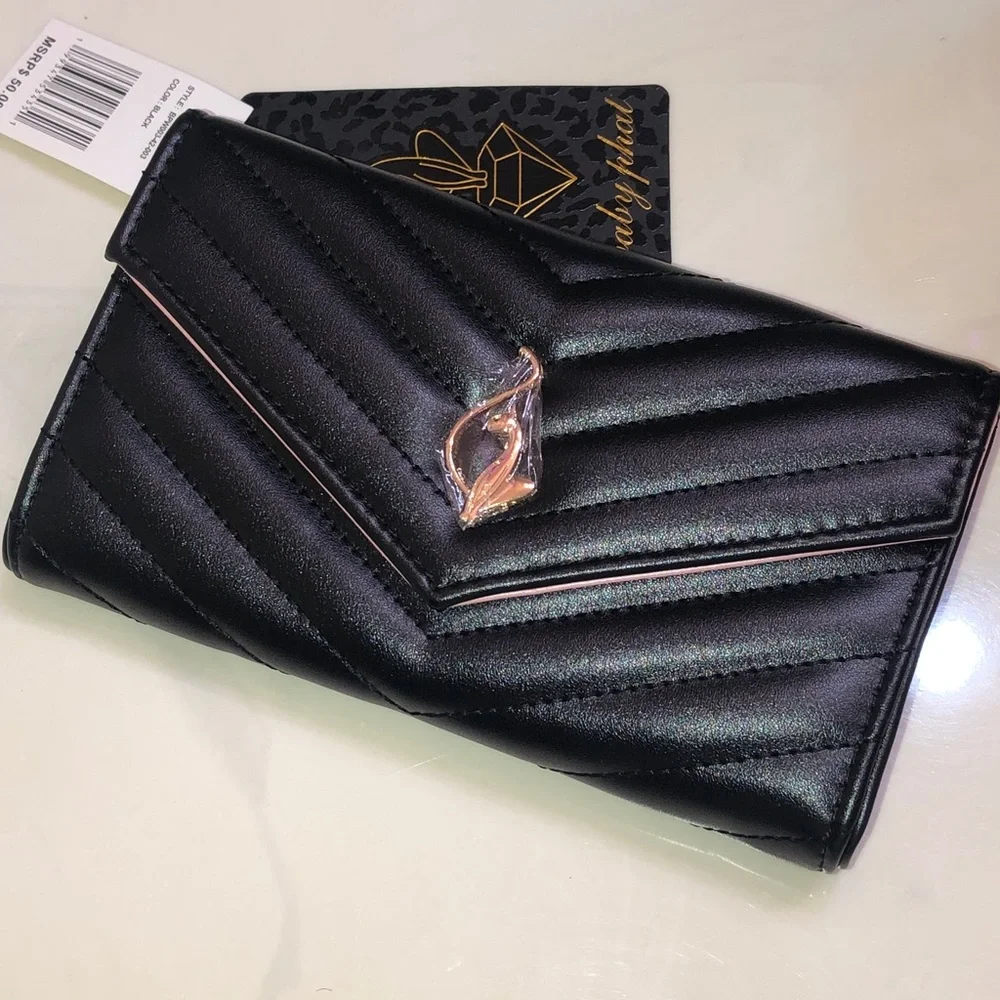 Baby Phat Black Faux Leather Quilted Chevron Flap Clutch Wallet Cat Logo NWT